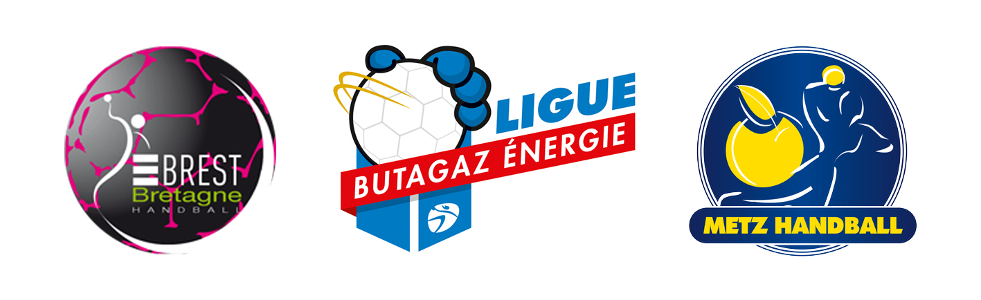 Logos du Brest Bretagne Handball, de la Ligue Butagz Energie et Metz Handball