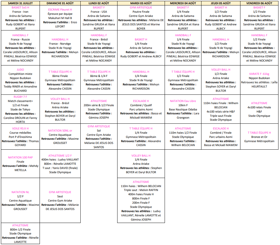 Programme des disciplines du 31 juillet au 06 août 2021