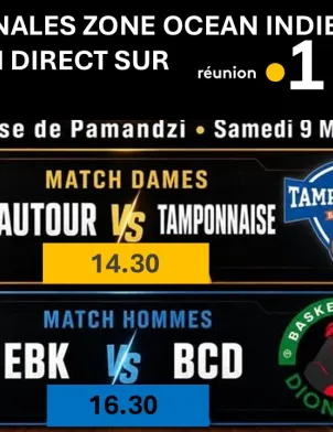 Ne manquez pas ce choc au sommet en direct du gymnase de Pamandzi, à Mayotte, sur Réunion la 1ère tv et Mayotte la 1ère tv ce samedi 09 mai 2026 : ⚡ LE PROGRAMME : •	🕒 14h30 : Finale Féminine Les joueuses de la Tamponnaise affronteront les Vautours 🦅 •	🕒 16h30 : Finale Masculine Une bataille intense entre le Basket Club Dionysien et l’Étoile Bleue de Kawéni ✨