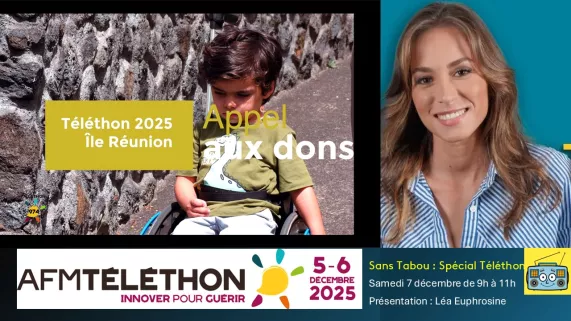 La 39 e édition du Téléthon qui aura lieu les 5 et 6 décembre 2025, est placée sous le signe ! ENSEMBLE FAISONS BOUGER LES LIGNES NOU LARG PAS ! Le Téléthon peut tout changer. Partenaire historique, Réunion la 1ère mobilise ses médias, Radio, Télé et internet, pour donner au Téléthon le plus large écho possible tout en privilégiant les témoignages des chercheurs, malades, parents, accompagnants et des bénévoles.