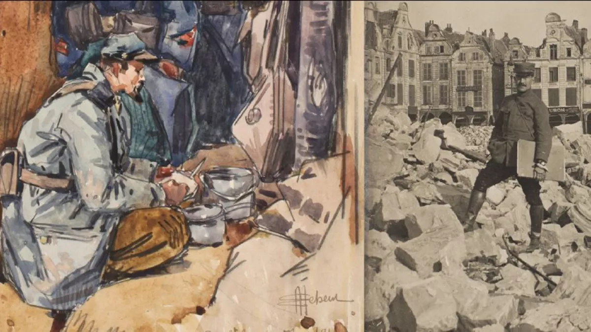 Aquarelle et Mathurin Méheut debout dans les ruines Aquarelle et Mathurin Méheut debout dans les ruines