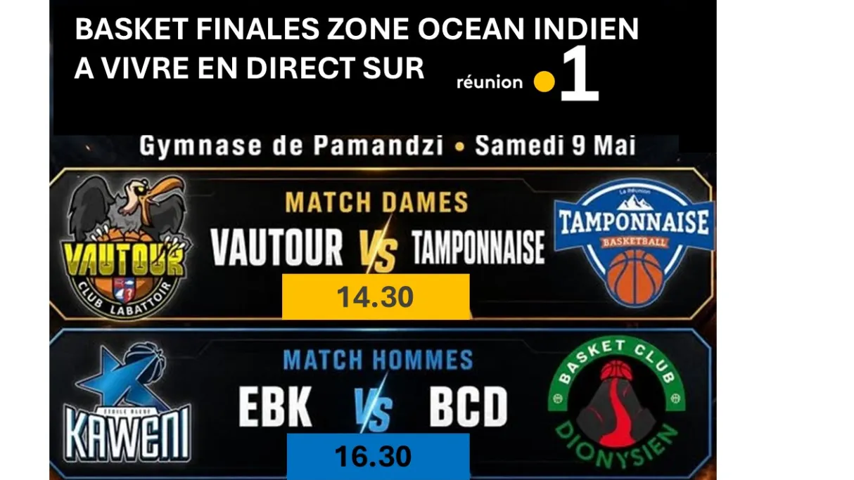 Ne manquez pas ce choc au sommet en direct du gymnase de Pamandzi, à Mayotte, sur Réunion la 1ère tv et Mayotte la 1ère tv ce samedi 09 mai 2026 : ⚡ LE PROGRAMME : •	🕒 14h30 : Finale Féminine Les joueuses de la Tamponnaise affronteront les Vautours 🦅 •	🕒 16h30 : Finale Masculine Une bataille intense entre le Basket Club Dionysien et l’Étoile Bleue de Kawéni ✨
