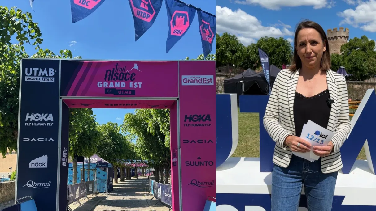 Karine Gélébart sur la ligne d'arrivée du Trail Alsace by UTMB.