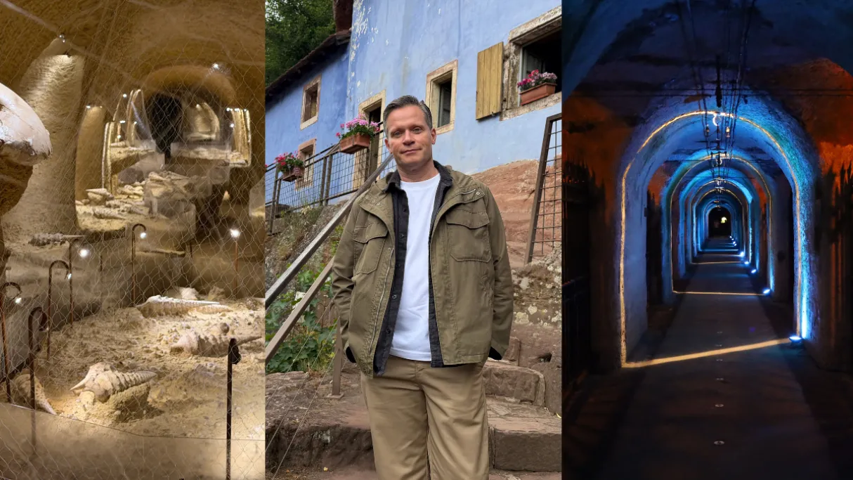 La Cave au x Coquillages, les tunnels de la Galerie Pommery et Hervé Aeschbacher devant les maisons Troglodytes d'Eschbourg
