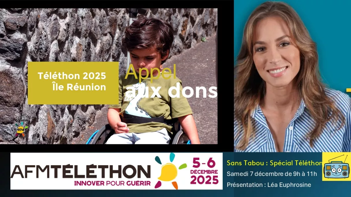 La 39 e édition du Téléthon qui aura lieu les 5 et 6 décembre 2025, est placée sous le signe ! ENSEMBLE FAISONS BOUGER LES LIGNES NOU LARG PAS ! Le Téléthon peut tout changer. Partenaire historique, Réunion la 1ère mobilise ses médias, Radio, Télé et internet, pour donner au Téléthon le plus large écho possible tout en privilégiant les témoignages des chercheurs, malades, parents, accompagnants et des bénévoles.