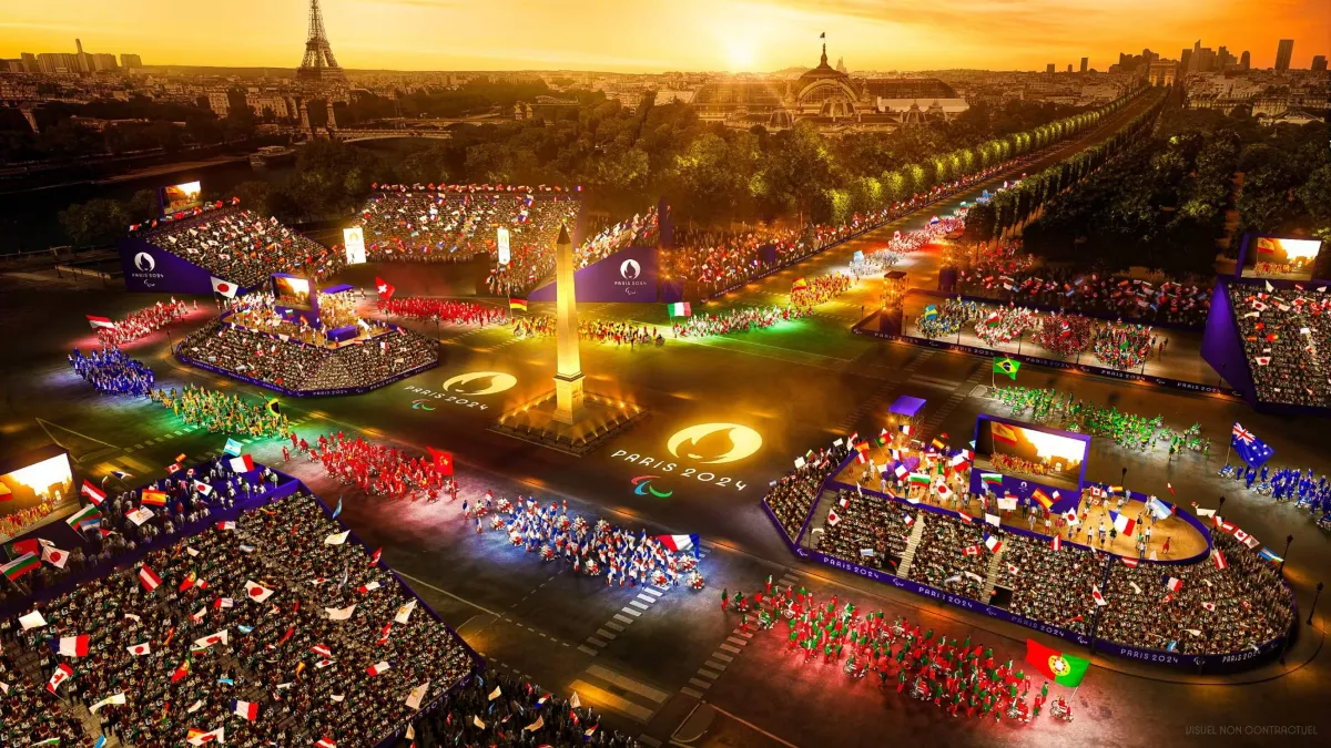 Une vue de ce que sera la parade des athlètes lors de la cérémonie d'ouverture des Jeux paralympiques de Paris en 2024, sur la place de la Concorde.