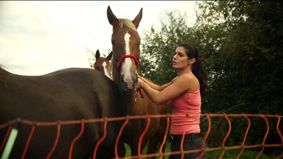 Marie-Laure au milieu des chevaux, au Grand Refuge