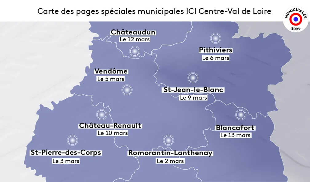 Dates des pages spéciales municipales en Centre-Val de Loire : Romorantin le 2 mars, St-Pierre-des-Corps le 3 mars, à Vendôme le 5 mars, Pithiviers le 6 mars, St-Jean-le-Blanc le 9 mars, Château-Renault le 10 mars, Châteaudun le 12 mars, Blancafort le 13 mars