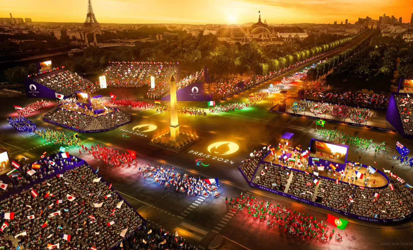 Une vue de ce que sera la parade des athlètes lors de la cérémonie d'ouverture des Jeux paralympiques de Paris en 2024, sur la place de la Concorde.